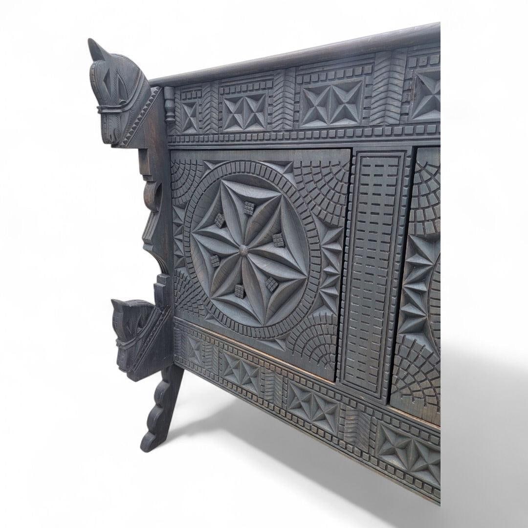 Vintage Chinese Carved Sideboard with Horse Motifs - 2