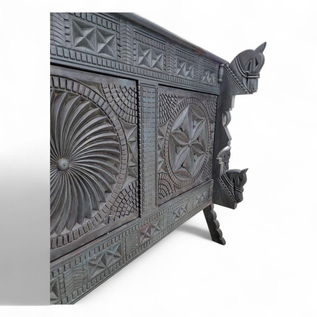 Vintage Chinese Carved Sideboard with Horse Motifs - 3
