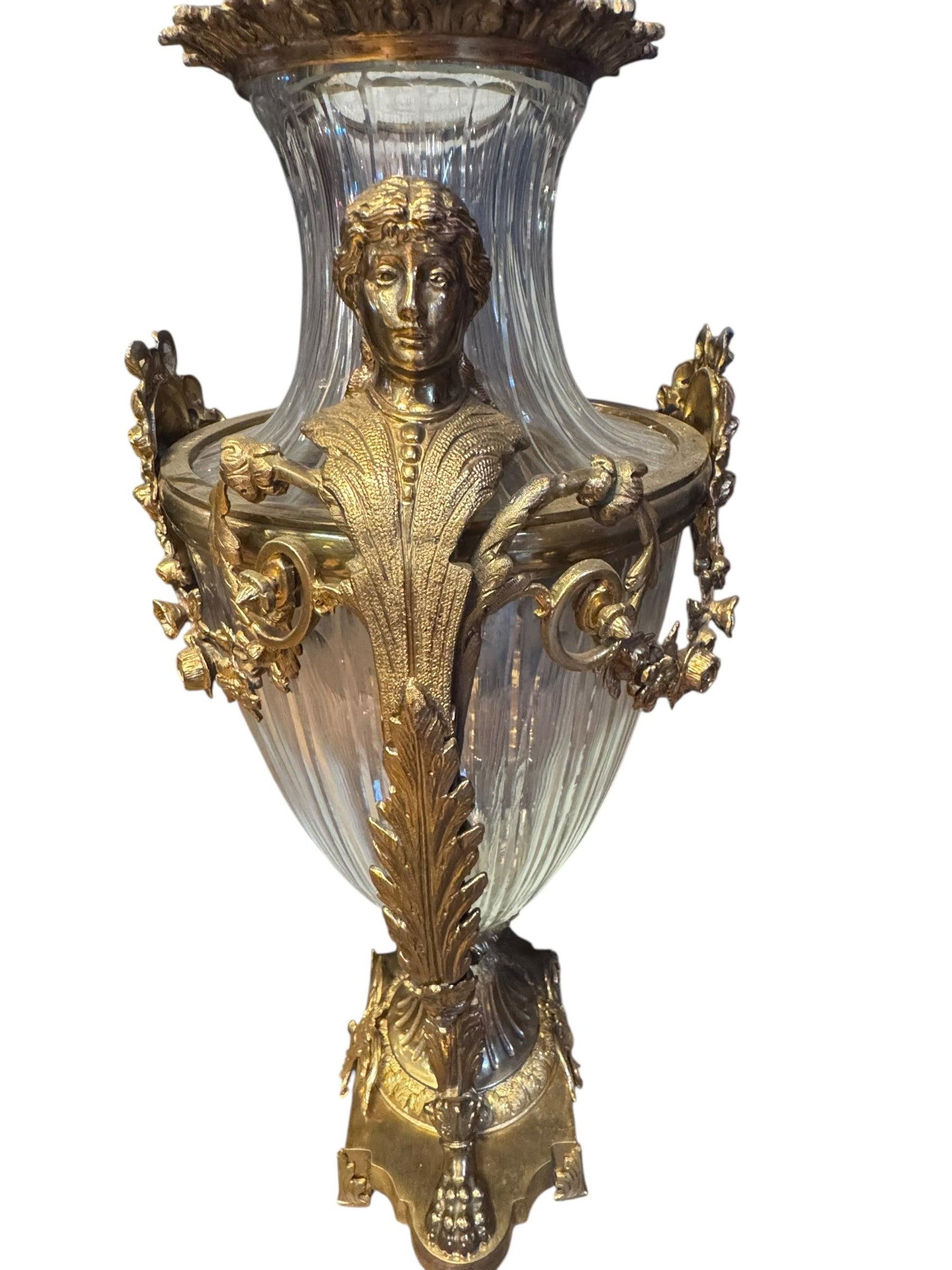 Antique French Gilt Bronze Diamond Cut Baccarat Crystal Urns Signed - Pair - 4