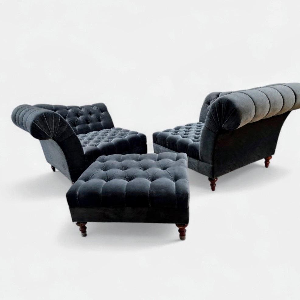 Vintage Chesterfield Style Tufted Lounge Chairs and Ottoman Set by Bernhardt Salon Interiors Newly - 6