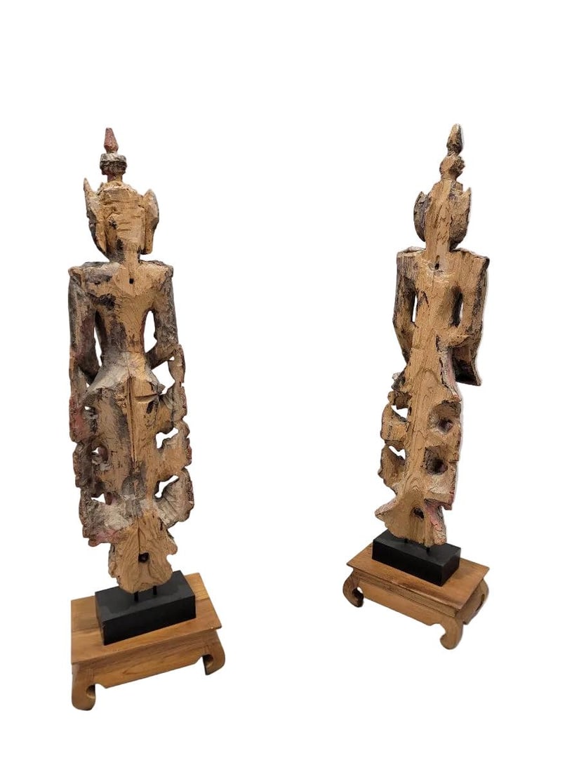 Antique Burmese Carved Inlaid Glass Monastic Sculptures - Set of 2 - 6