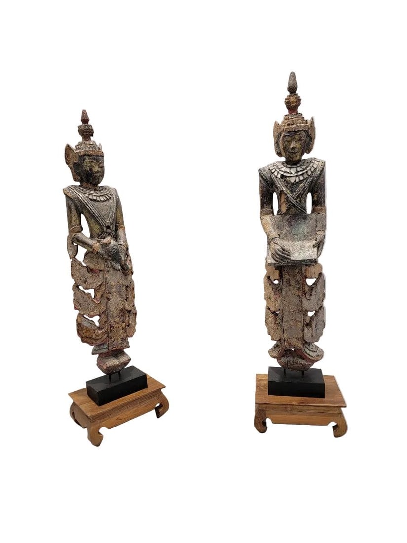Antique Burmese Carved Inlaid Glass Monastic Sculptures - Set of 2 - 7