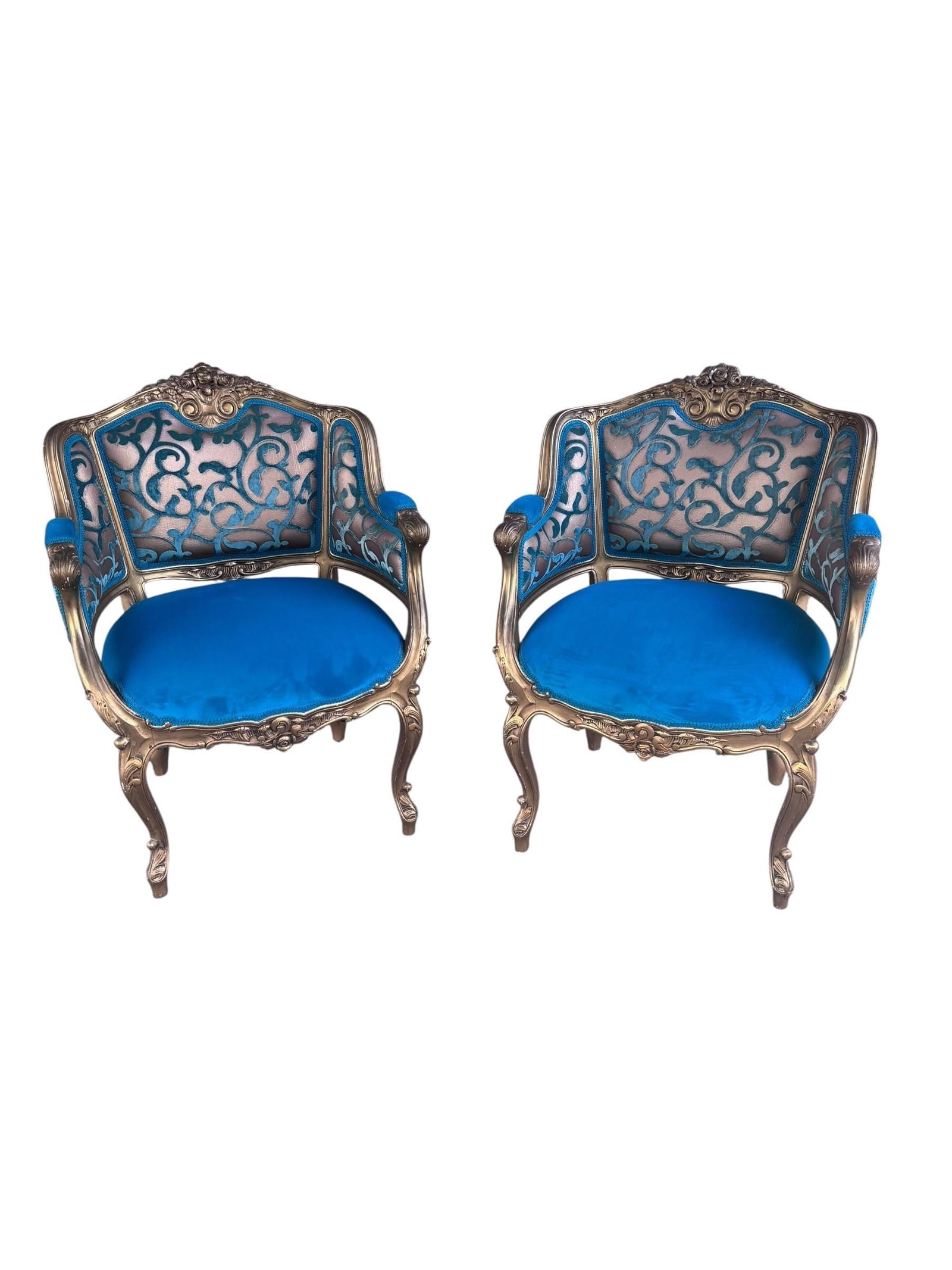 Antique French Louis XV Style Carved Bergere Giltwood Chairs - Pair - 3