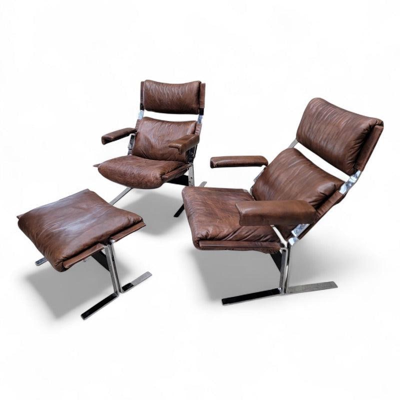 MCM Richard Hersberger Brown Leather Lounge Chairs and Ottoman - 4
