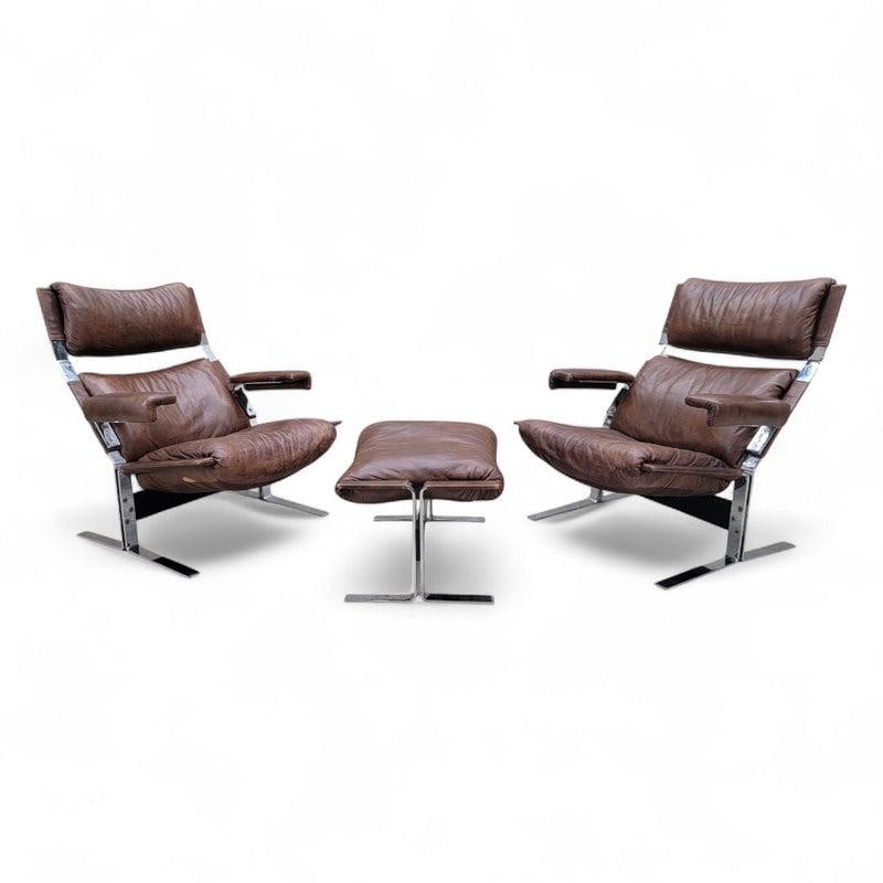 MCM Richard Hersberger Brown Leather Lounge Chairs and Ottoman - 5