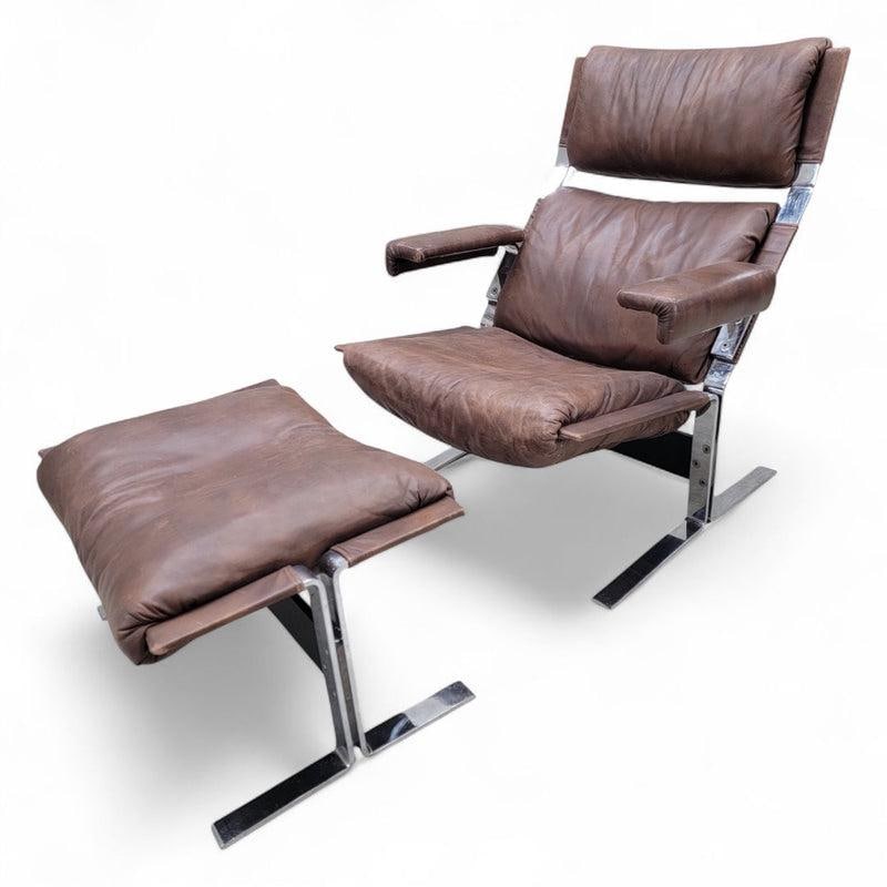 MCM Richard Hersberger Brown Leather Lounge Chairs and Ottoman - 7