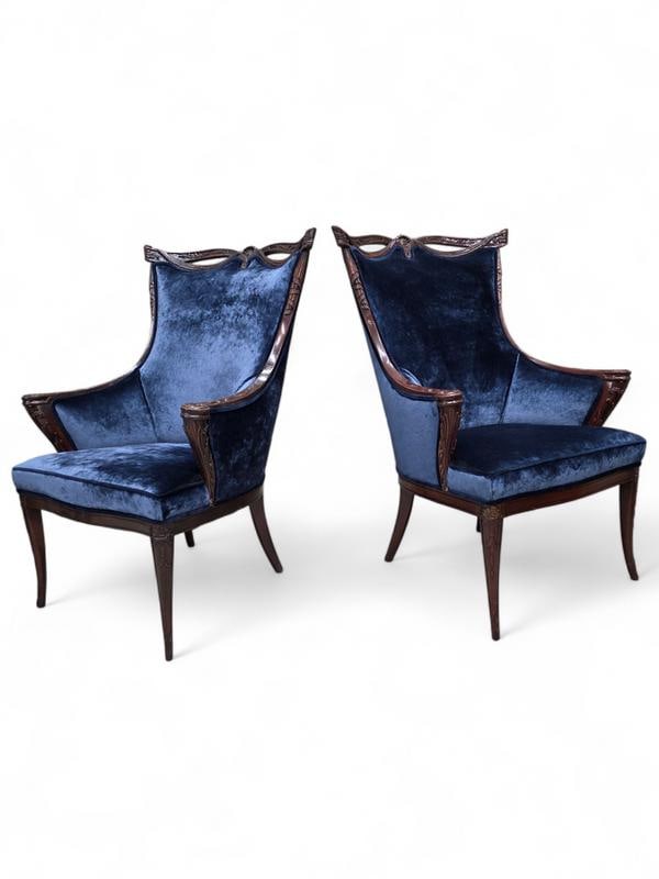 Vintage Regency Revival Style Wingback Chairs by Grosfeld House Newly Reupholstered - Pair - 3