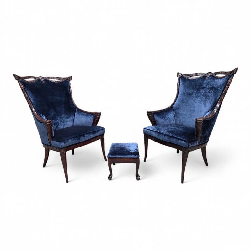 Vintage Regency Revival Style Wingback Chairs by Grosfeld House Newly Reupholstered - Pair - 5