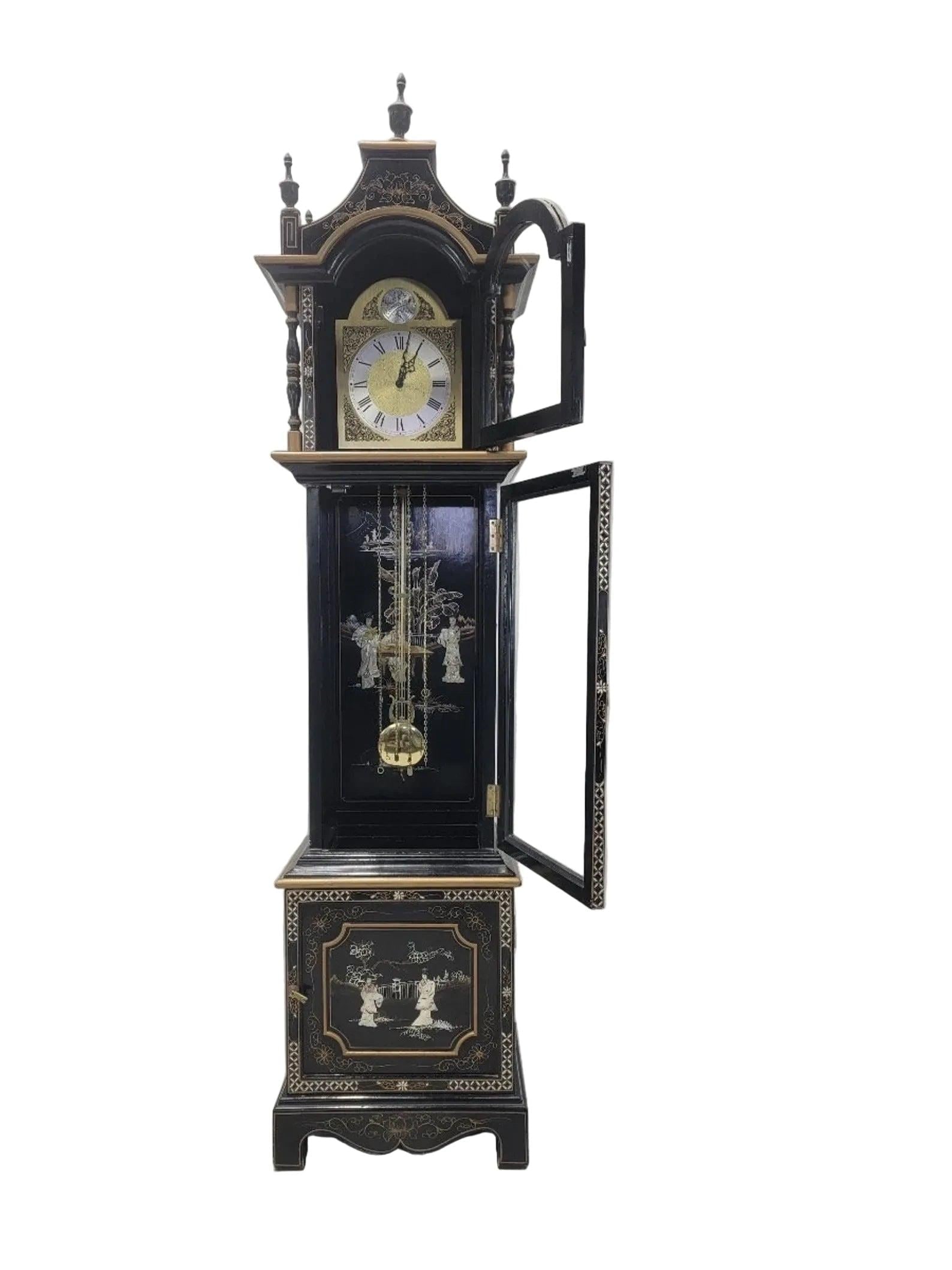 Vintage Wai Hing Clocks Co. Chinoiserie Black Lacquer Hand-Painted Mother of Pearl inlaid German - 6