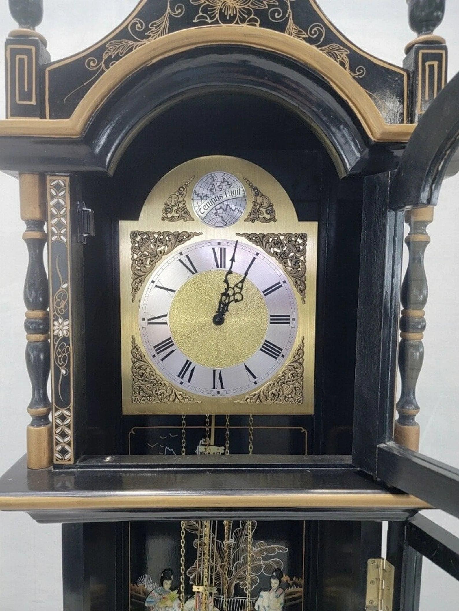 Vintage Wai Hing Clocks Co. Chinoiserie Black Lacquer Hand-Painted Mother of Pearl inlaid German - 7