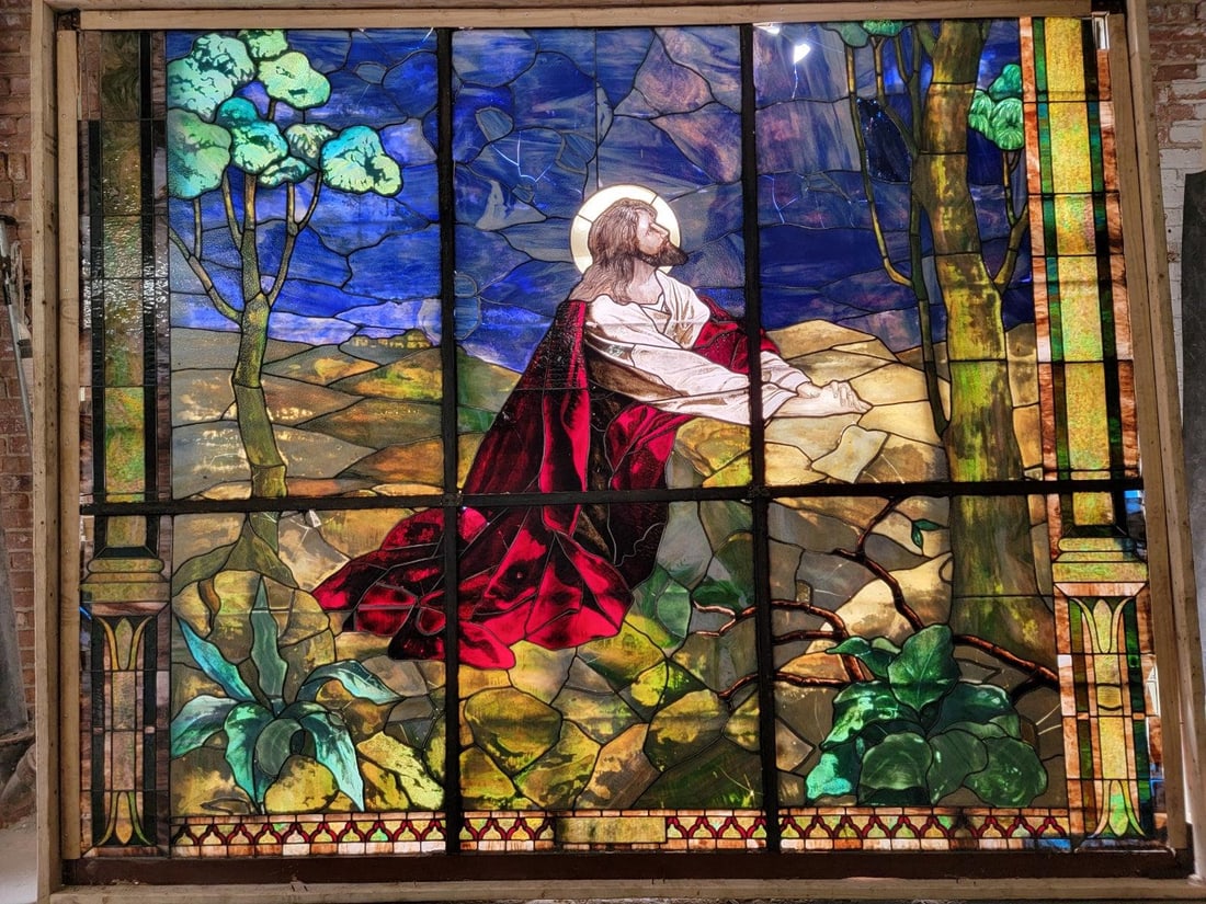 Antique Monumental Tiffany Style 2 Section Gethsemane Salvaged Stained Glass Window: Title: Antique Monumental Tiffany Style 2 Section Gethsemane Salvaged Stained Glass Window Description: Antique Monumental Tiffany Style 2 Section Gethsemane Salvaged Chicago Church Stained Glass Wind