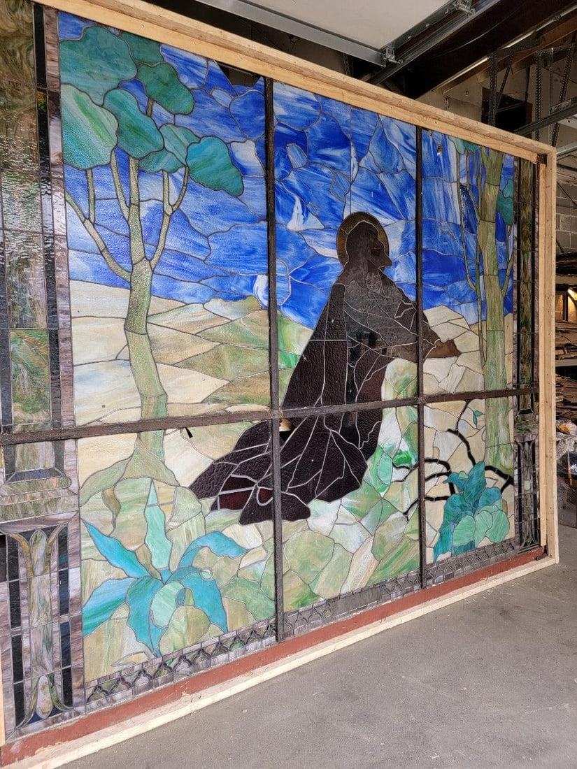 Antique Monumental Tiffany Style 2 Section Gethsemane Salvaged Stained Glass Window - 8
