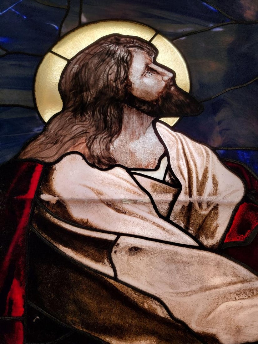 Antique Monumental Tiffany Style 2 Section Gethsemane Salvaged Stained Glass Window - 9