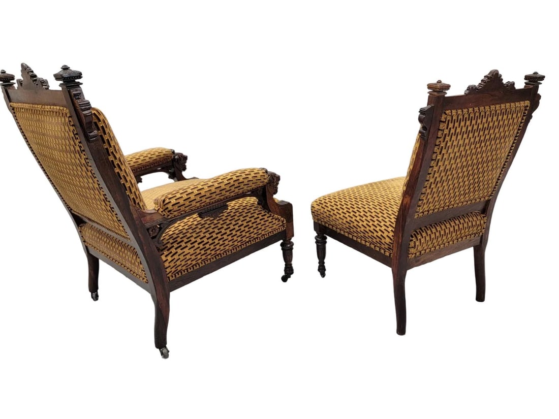 Antique Renaissance Revival Figural Carved Framed Parlor Chairs Reupholstered - Set of 2 - 4