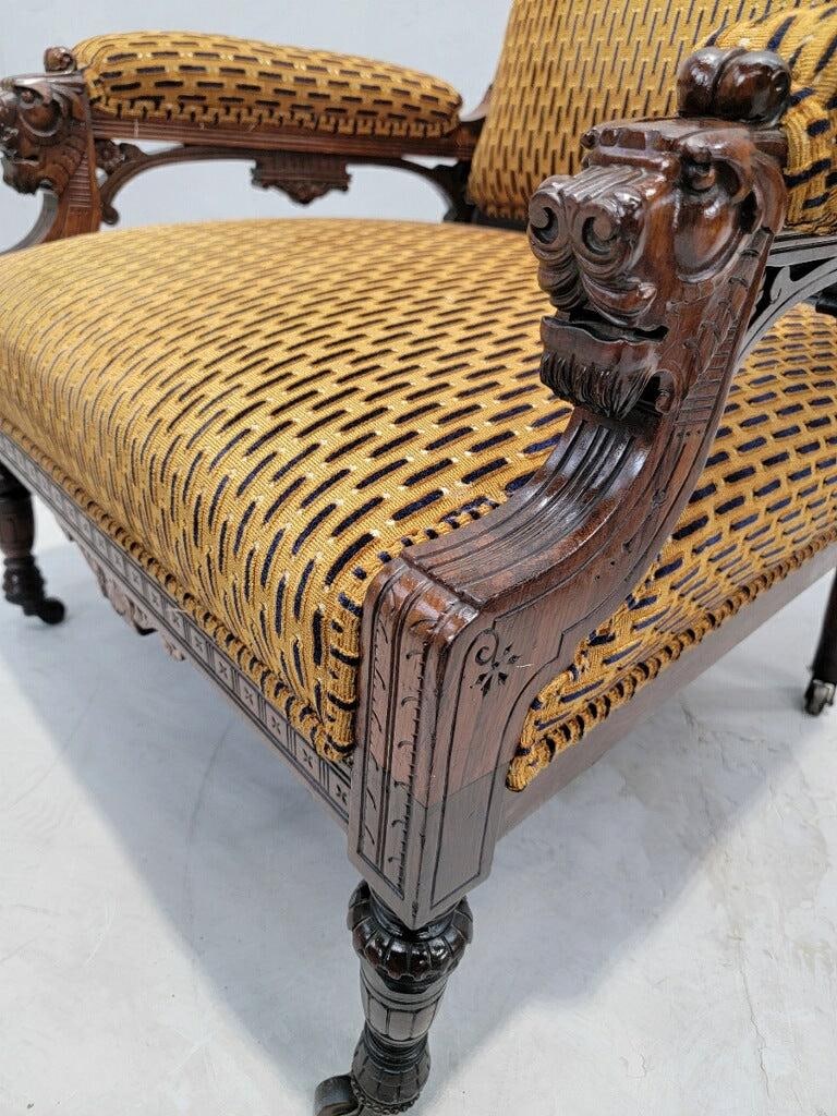 Antique Renaissance Revival Figural Carved Framed Parlor Chairs Reupholstered - Set of 2 - 6