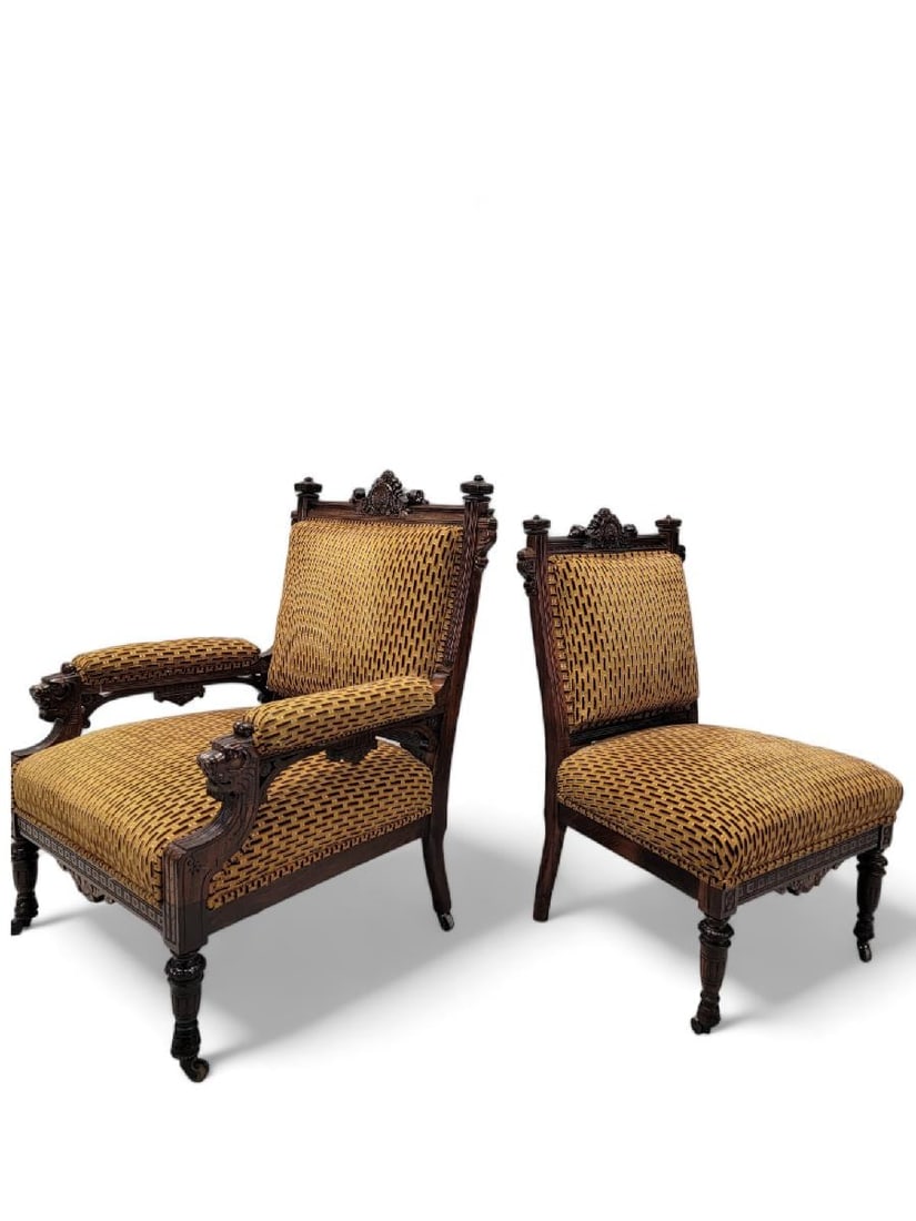Antique Renaissance Revival Figural Carved Framed Parlor Chairs Reupholstered - Set of 2 - 7
