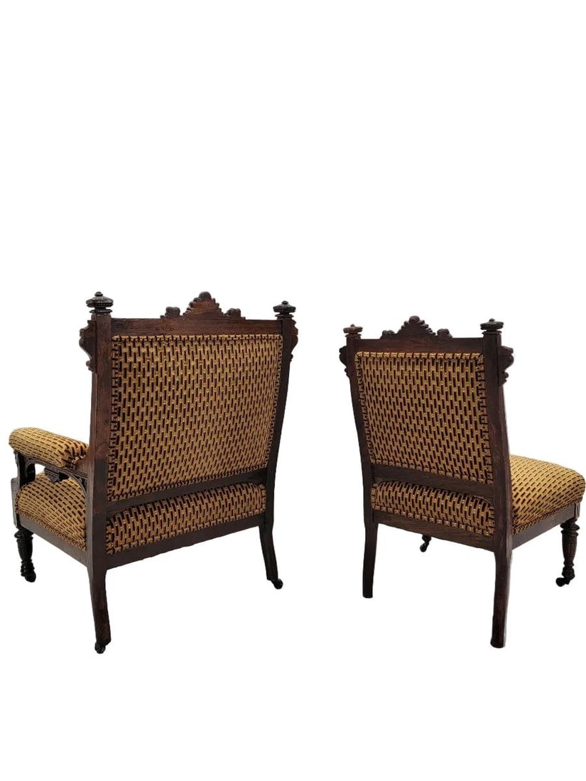 Antique Renaissance Revival Figural Carved Framed Parlor Chairs Reupholstered - Set of 2 - 9