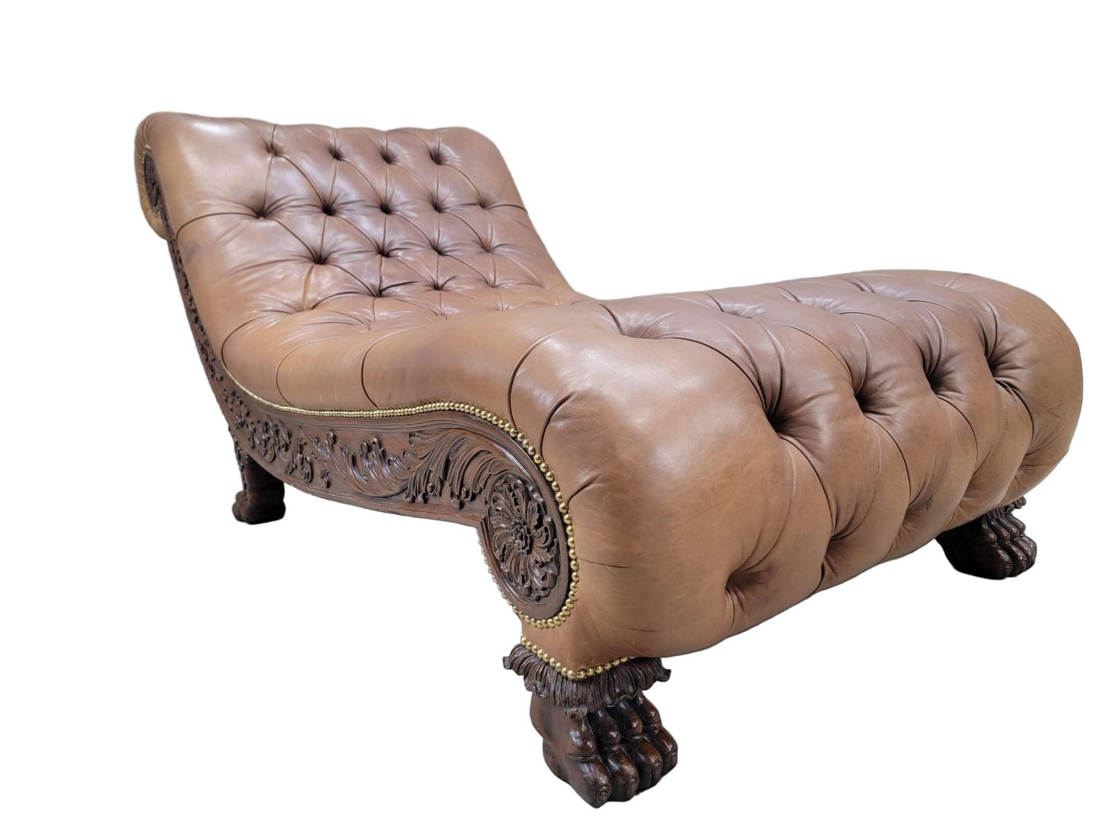 Antique Chesterfield Style Carved Oak Tufted Chaise Lounge - 2