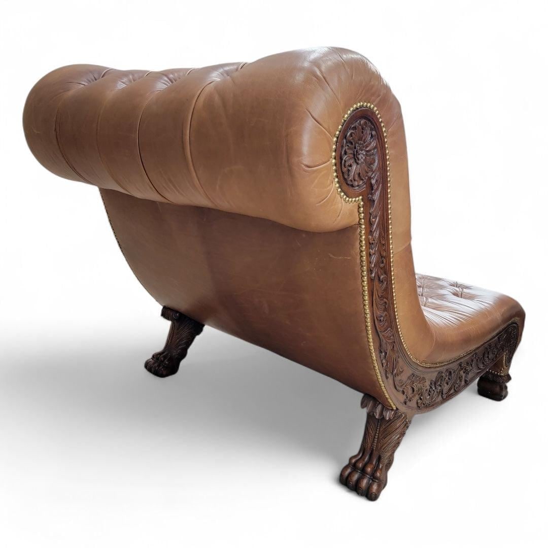 Antique Chesterfield Style Carved Oak Tufted Chaise Lounge - 4