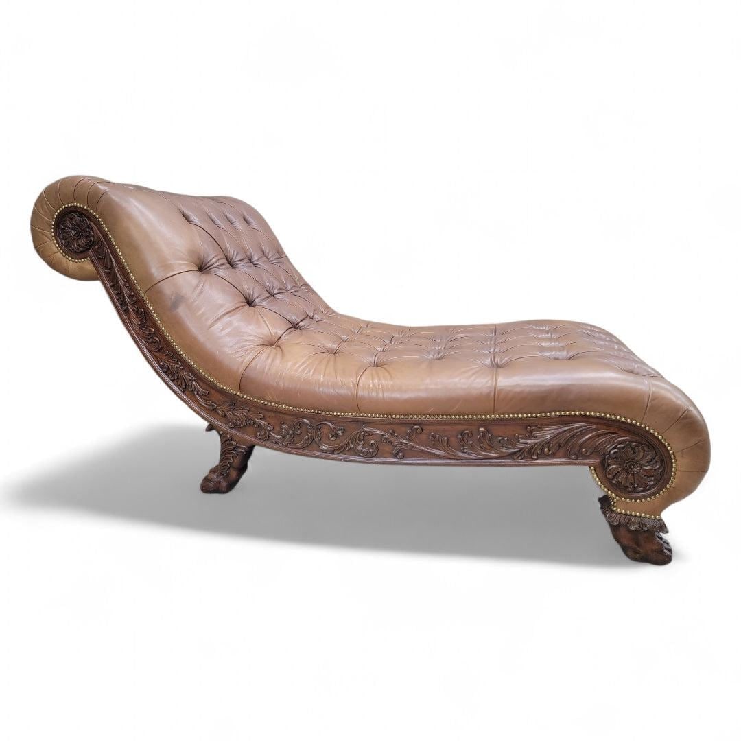 Antique Chesterfield Style Carved Oak Tufted Chaise Lounge - 6