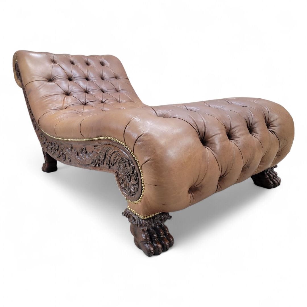 Antique Chesterfield Style Carved Oak Tufted Chaise Lounge - 8