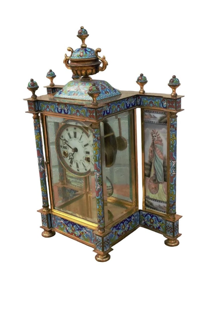 Vintage Chinese Cloisonne Enamel Wind Up 7 Day Chiming Clock - 3