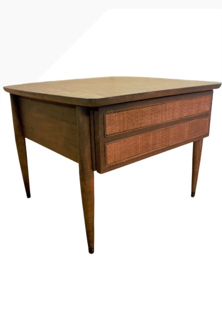 MCM American Of Martinsville Wicker Side Table: Title: MCM American Of Martinsville Wicker Side Table Description: Mid Century Modern American Of Martinsville Wicker End Side Table Vintage square side table with wicker front drawer by American of M