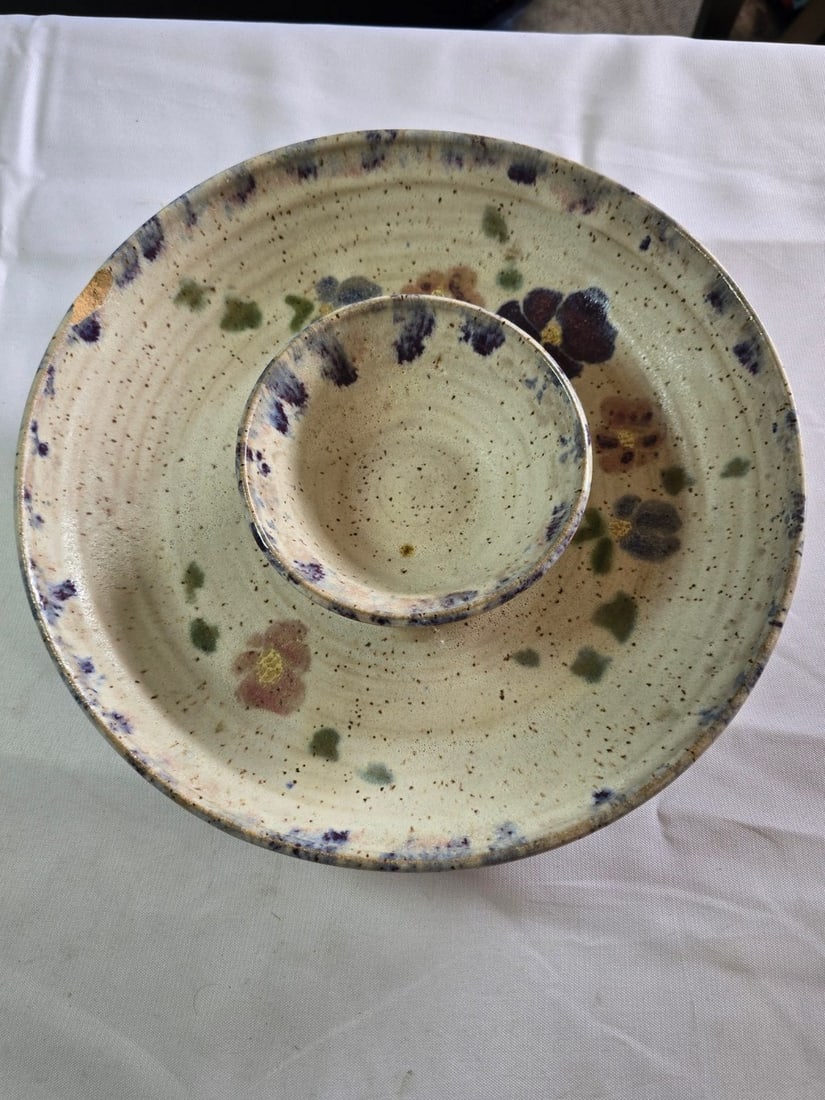 Hand-Painted Ceramic Chip and Dip Set with Pair of Faux Stone Vases - 2