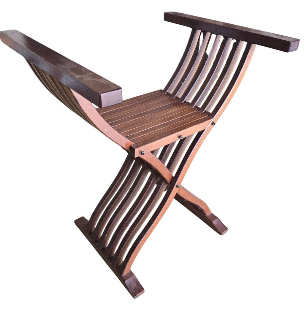 Mid-Century Modern Slat-Back Bench/Stool: This piece, likely dating from the Mid-20th Century, features a distinctive slat-back and seat design. Crafted from what appears to be a stained hardwood, possibly teak or mahogany, it exhibits a