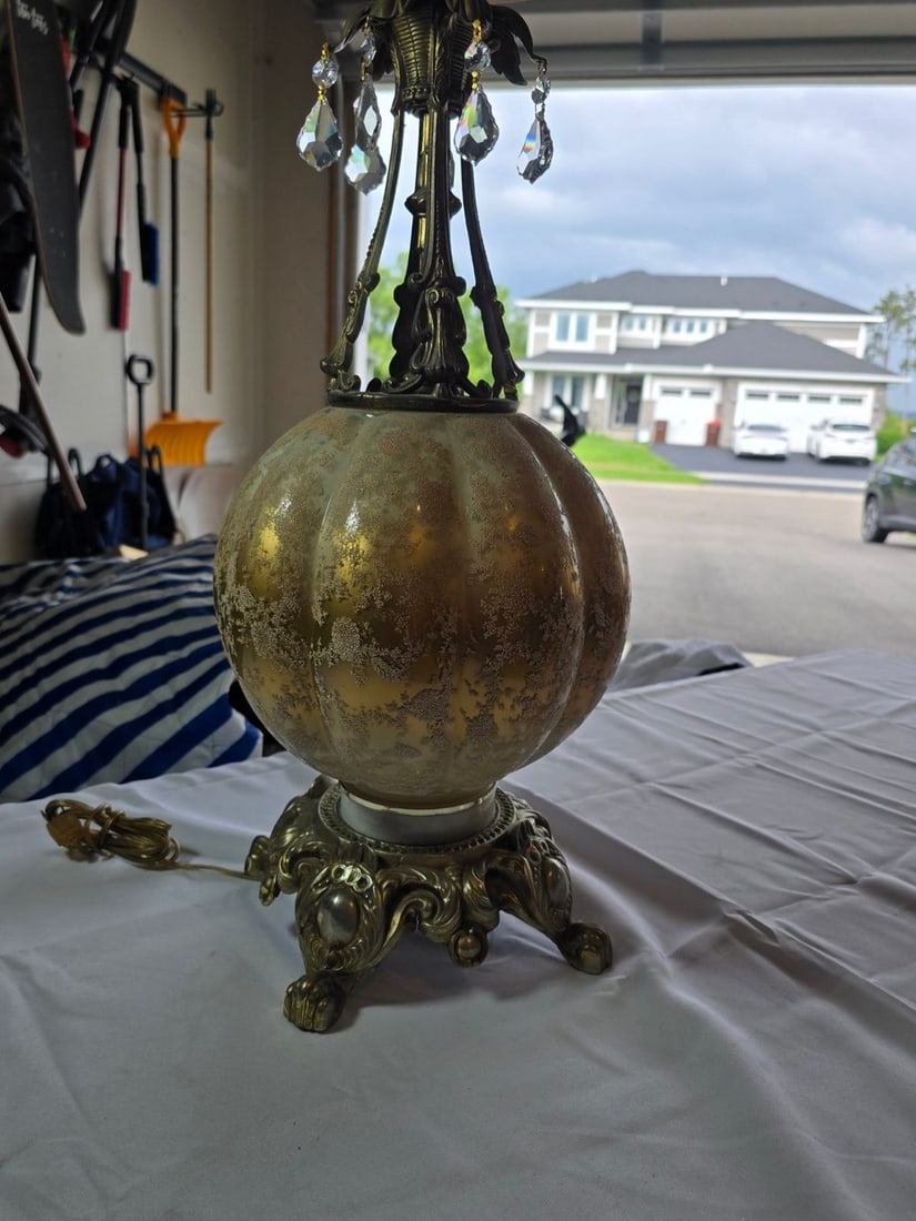 Vintage Gilded Pumpkin Form Table Lamp with Crystal Prisms - 2