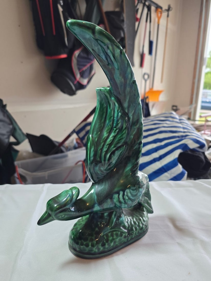 Pair of Mid-Century Emerald Green Glazed Ceramic Swan Figurines - 2