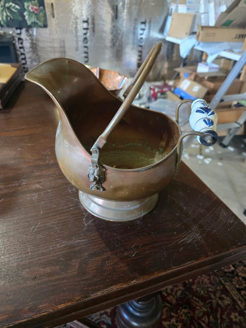 Three Pieces of Vintage Metal Decor: Copper Coal Scuttle, Brass Bowl, and Florentine Copper Bowl - 2