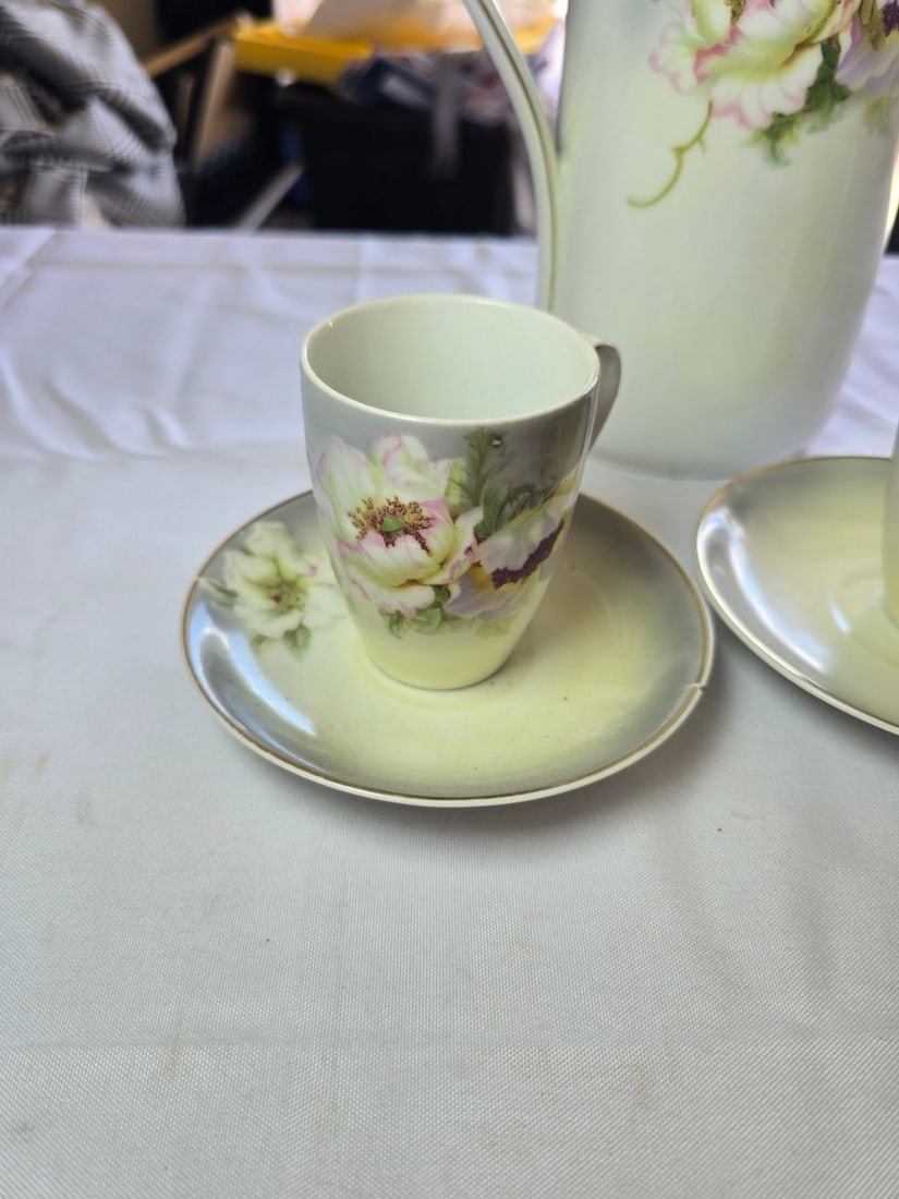Vessra Hand-Painted Porcelain Chocolate Pot with Three Demitasse Cups and Saucers - 2