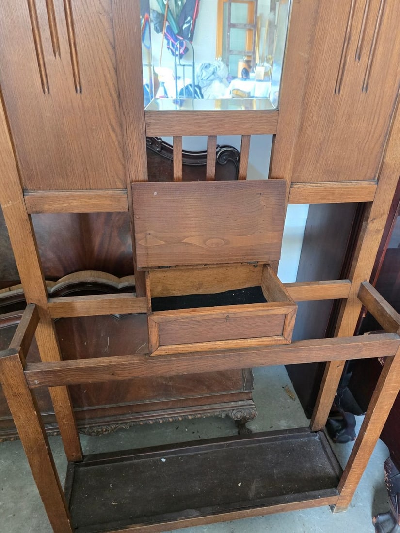 Antique Oak Hall Tree with Mirror and Storage - 2