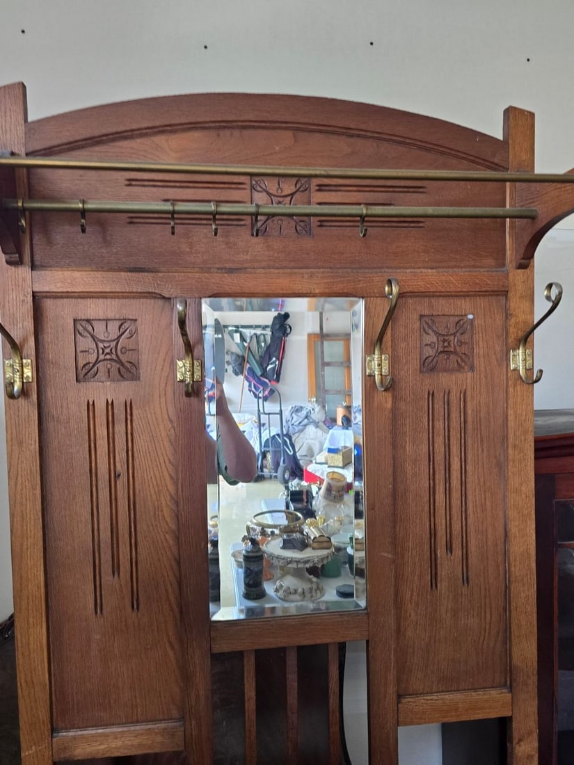 Antique Oak Hall Tree with Mirror and Storage - 3
