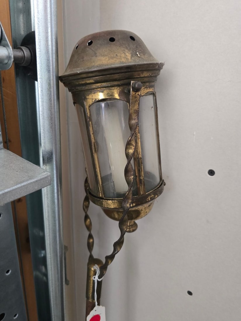 Vintage Brass and Glass Candle Lantern on Wooden Pole - 2