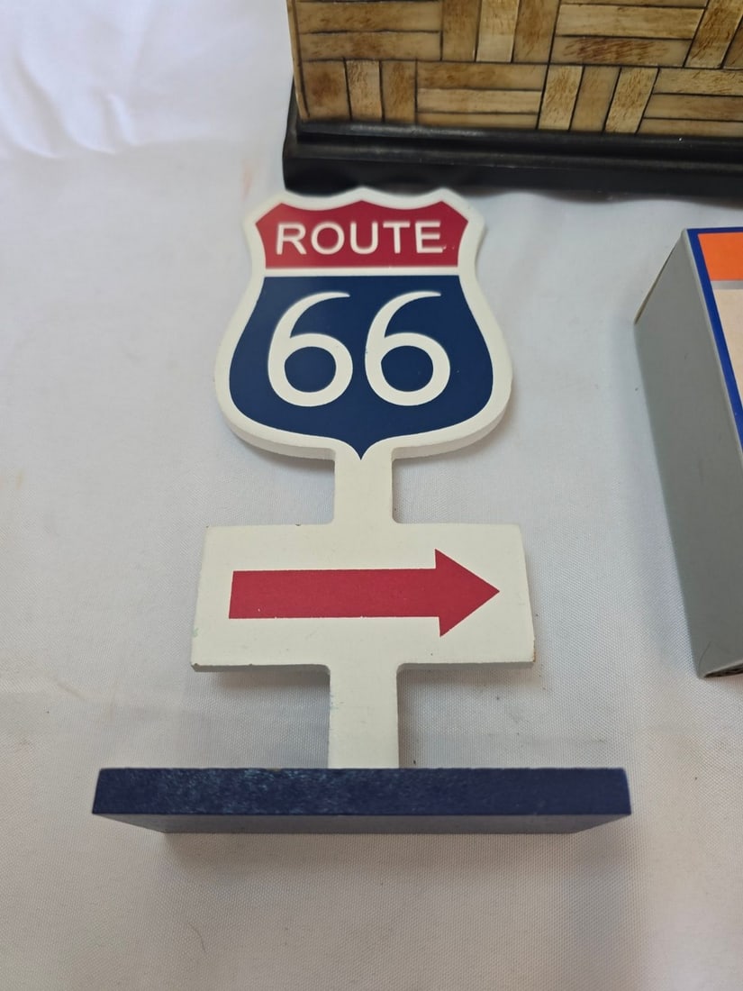 Assorted Collectibles: Route 66 Sign, Dad's Garage Coasters, and Die-Cast Car - 2