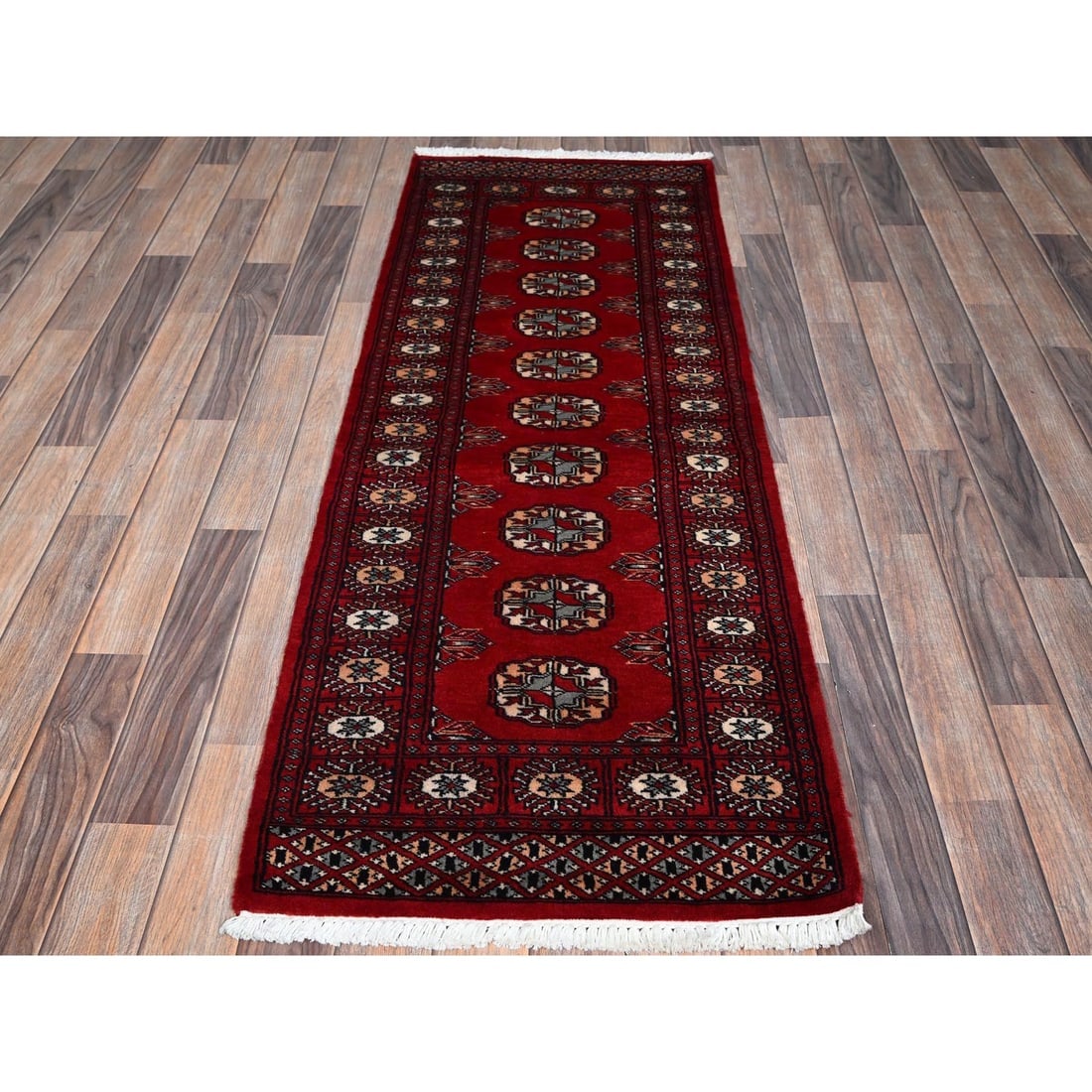 Red Princess Bokara Tribal Medallions All Wool Hand Knotted Runner Rug - 2