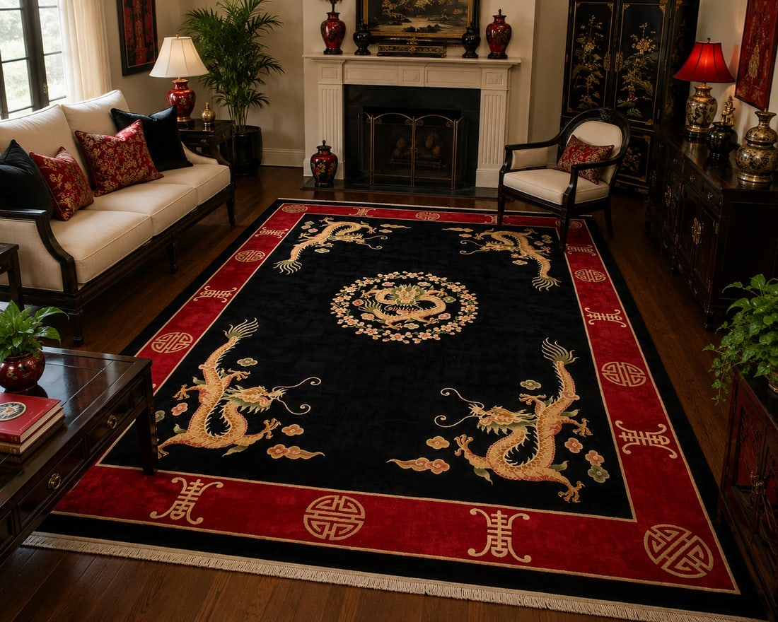 CHINESE NICHOLS RUG 9'x12'2": Title: CHINESE NICHOLS RUG 9'x12'2" Description:ANTIQUE ESTATE TREASURE ART DECO WALTER NICHOLS CHINESE RUG Circa 1940's with exact size of 9' x 12'2" ....Gorgeous Chinese DROGEN DESIGN over BLACK bac