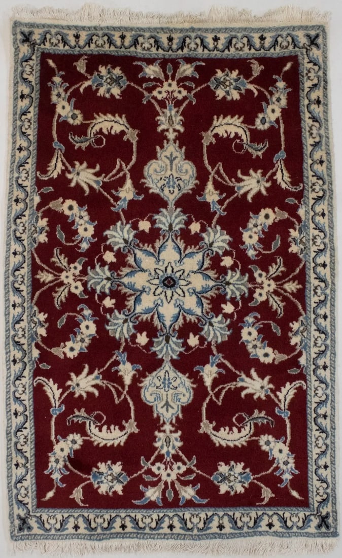 Red Traditional 3X5 Nain Kashmar Persian Rug: Title: Red Traditional 3X5 Nain Kashmar Persian Rug Description:Handmade vintage 3X5 red classic Persian rug made with vegetable dyes (fine wool pile and cotton foundation), exceptional knot count,