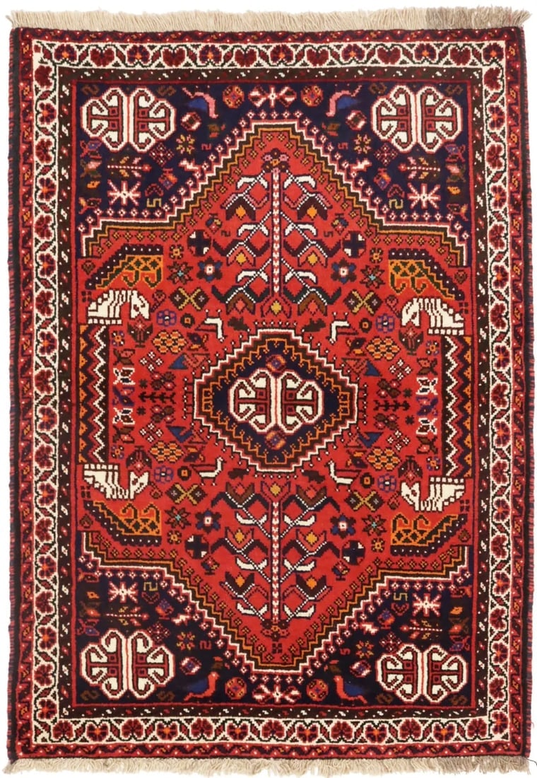 Orange-red Tribal 3'5X5 Shiraz Persian Rug: Title: Orange-red Tribal 3'5X5 Shiraz Persian Rug Description:Handmade 3'5X5 orange-red Persian rug made with natural dyes (fine wool pile and cotton foundation), superior knot count, and appealing an