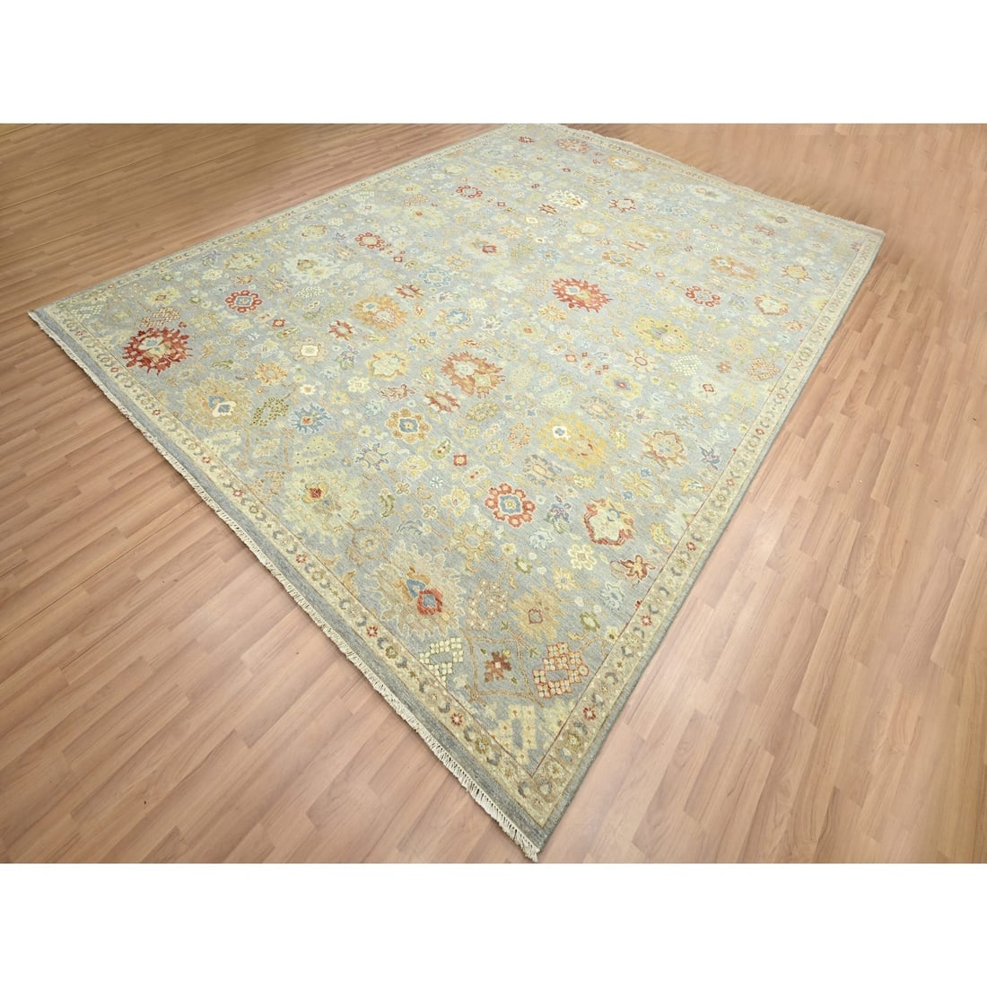Flint Gray Agra with Ziegler Design Hand Knotted Pure Wool Rug - 3