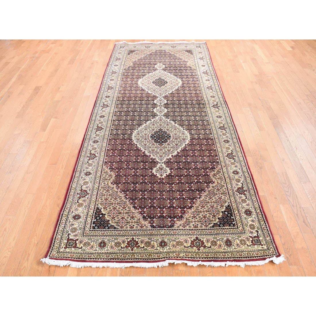 Red, Tabriz Mahi, Pure Wool, Hand Knotted Gallery Size Runner Rug - 2