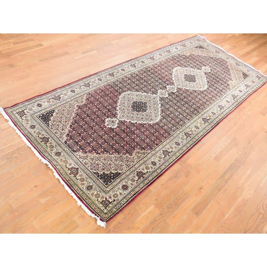 Red, Tabriz Mahi, Pure Wool, Hand Knotted Gallery Size Runner Rug - 3