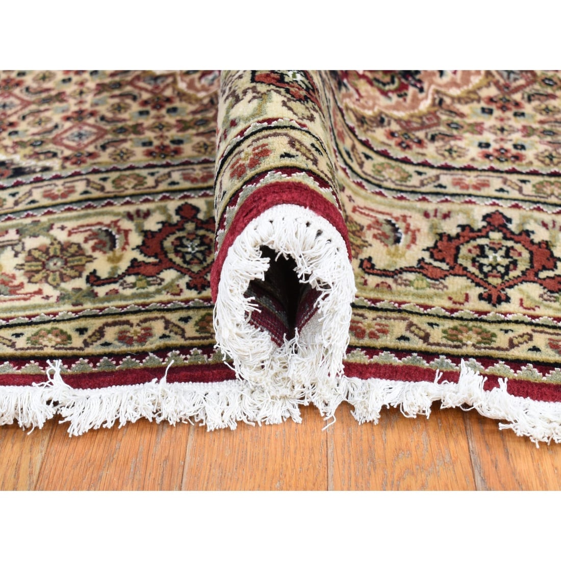 Red, Tabriz Mahi, Pure Wool, Hand Knotted Gallery Size Runner Rug - 5