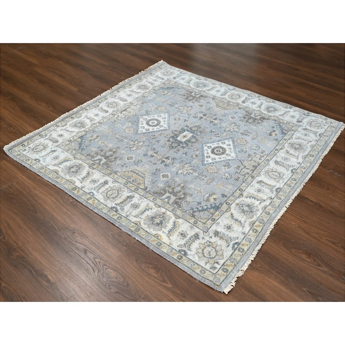 Blue Gray Wool Karjihooz Geometric Hand Knotted Square Rug - 2