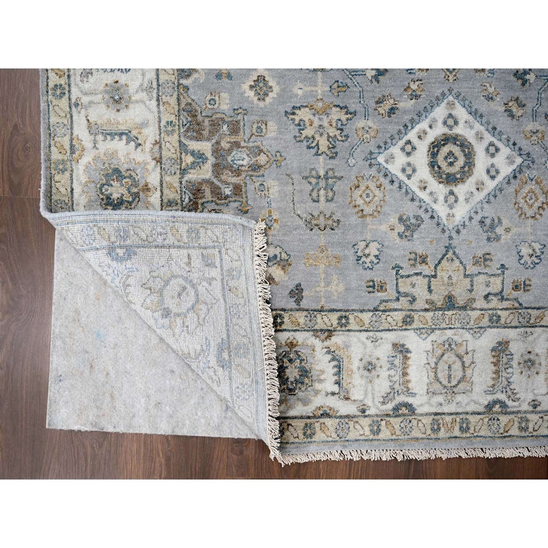 Blue Gray Wool Karjihooz Geometric Hand Knotted Square Rug - 3