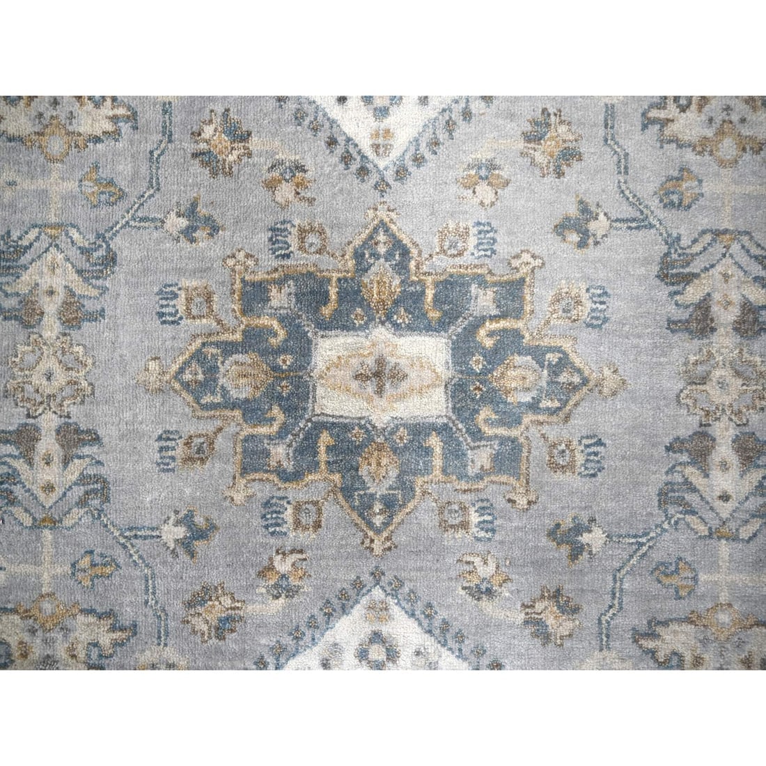 Blue Gray Wool Karjihooz Geometric Hand Knotted Square Rug - 5