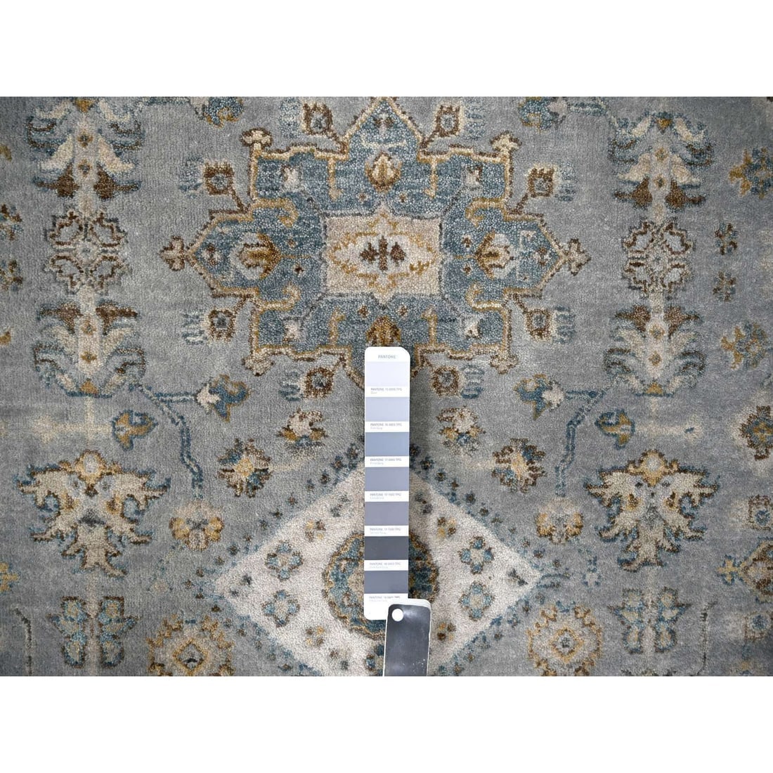 Lavender Gray Hand Knotted Karajeh Geometric Medallion Wool Round Rug - 4