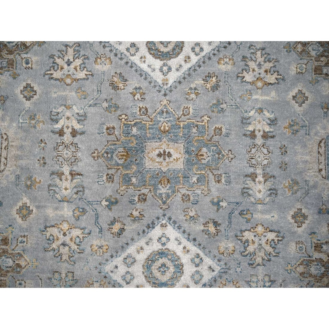 Lavender Gray Hand Knotted Karajeh Geometric Medallion Wool Round Rug - 5